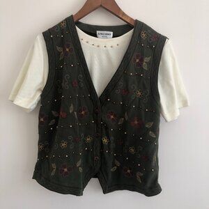 Vintage Alfred Dunner Petite 2-Piece Floral Vest Set Wooden Beads Cottagecore 8P